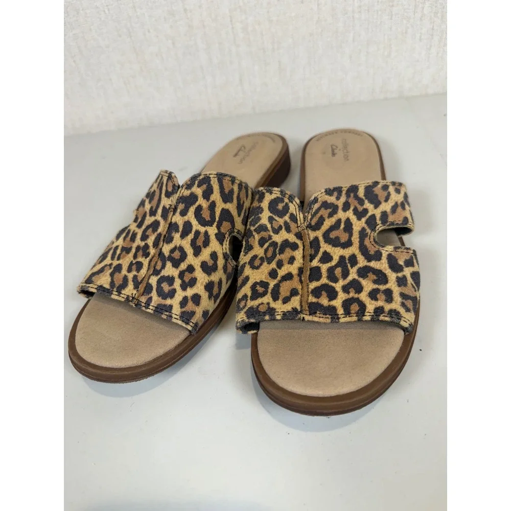 Clarks Declan Flo Leopard Print Flat Slide‎ Sandal Leather 8M